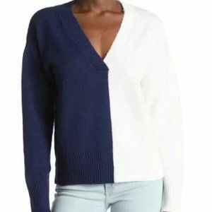 Sweet Romeo Women V-Neck Colorblock Ribbed Blue White Knit Pullover Sweater L/S